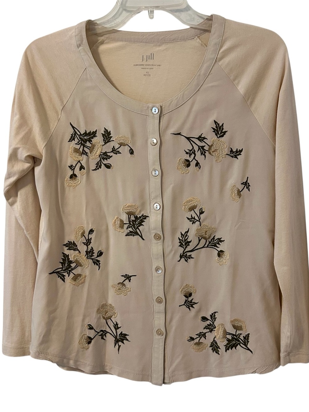 J. Jill Beige Floral Embroidered Button-Front Top